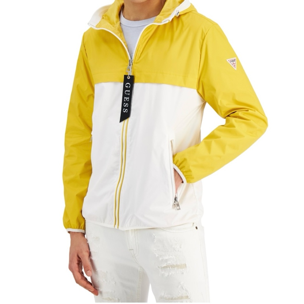 GUESS unisex Yellow and White lightweight hooded rain Jacket sz small